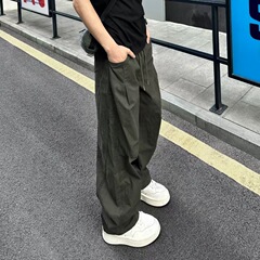 QUALCOMM潮流美式拼接褶皱伞兵工装裤男士春夏季宽松直筒休闲长裤