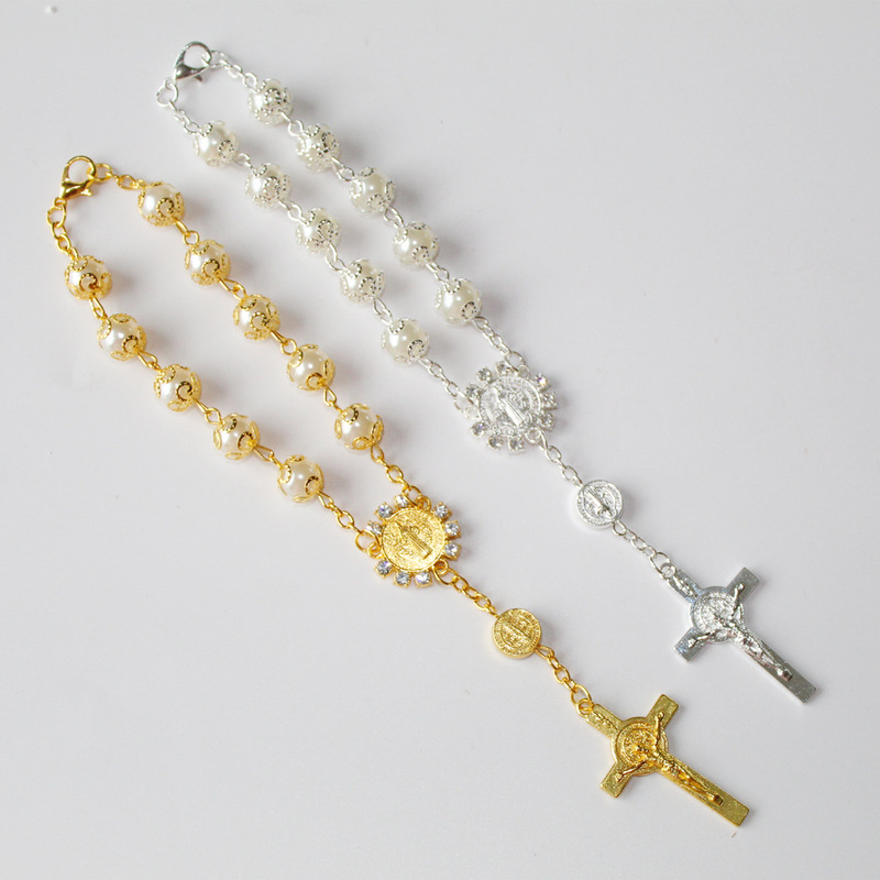 Cross-Border Gold and Silver Lace Glass Imitation Pearl Women's Bracelet Amazon 10mm Cross Beaded Prayer Bracelet Gift