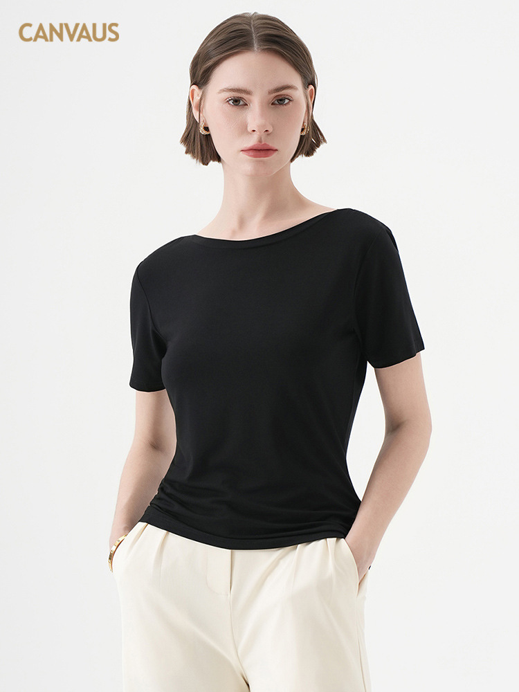 CANVAUS verano simple y suave camiseta glutinoso para mujer nueva versión coreana de color sólido cuello de una línea casual de manga corta jersey para mujer