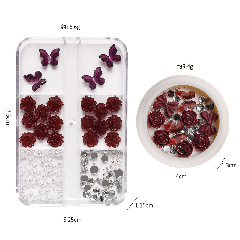 Manicura Nueva joyería retro negro Plum Salsa Camelia joyería arco perla clavo taladro conjunto caja