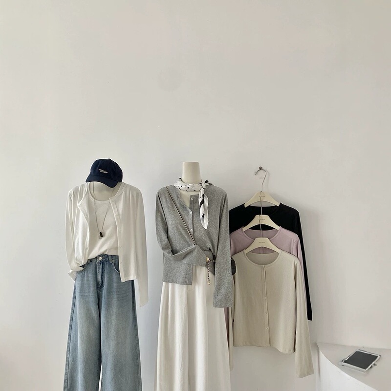 Summer Korean-Style Linen-Feel Snowflake Cotton Solid Color Round-Neck Sun-Protective Long-Sleeve Cardigan for Women, Thin Air-Conditioning Shirt Jacket for Women 2727