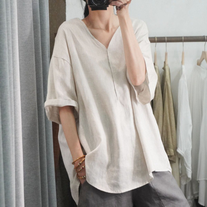 Women's Clothing Summer Style Women's Casual Shirt Short Sleeve Loose Cotton Linen Top Plus Size Pink And Black_ecoleips.com