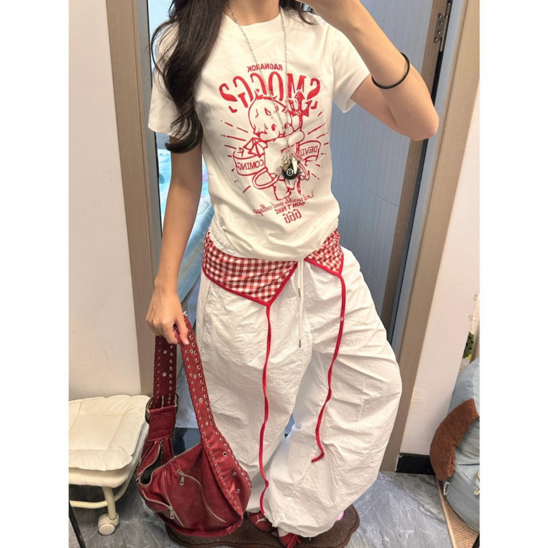 American-Style Spicy Girl White Short-Sleeve T-Shirt for Women, Summer New Model with Little Devil Print, Slim Fit, Slimming Short Top