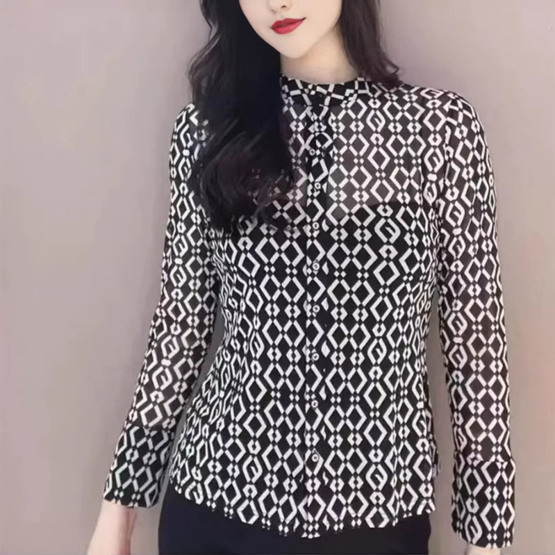 Áo thun nữ dài tay cổ cao họa tiết kim cương co giãn — đen chi tiết 1
