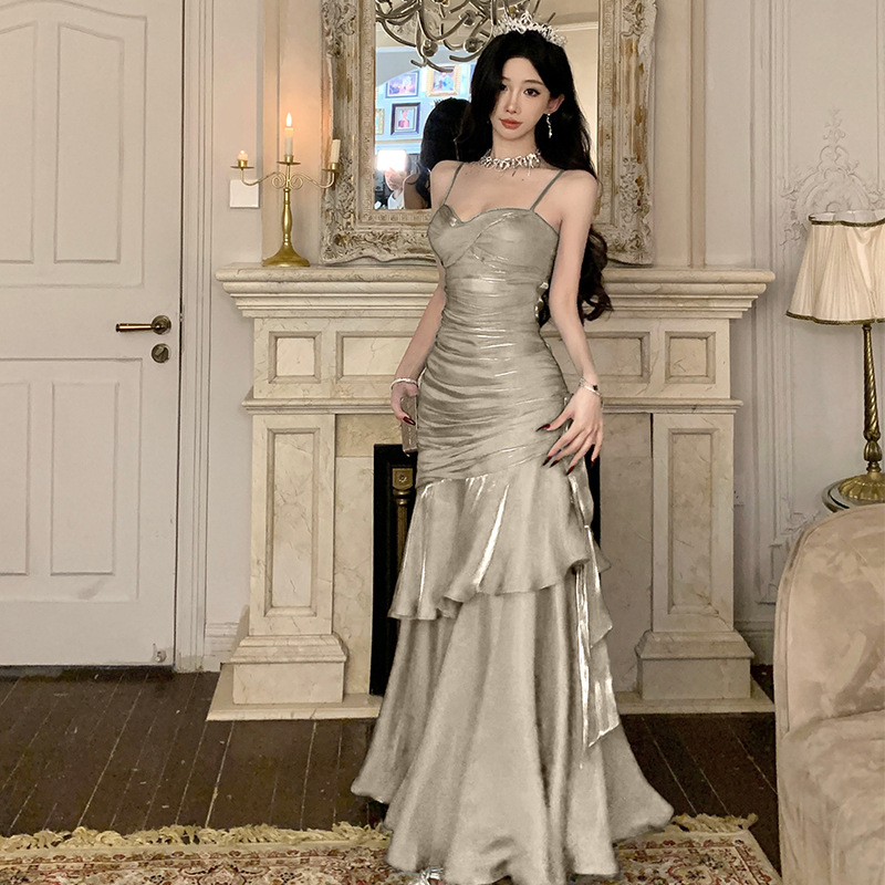 2026 New Style Atmospheric and Stylish Silver-Gray Dress Graduation Dress Coming-Of-Age Dress Slip Dress Long Dress