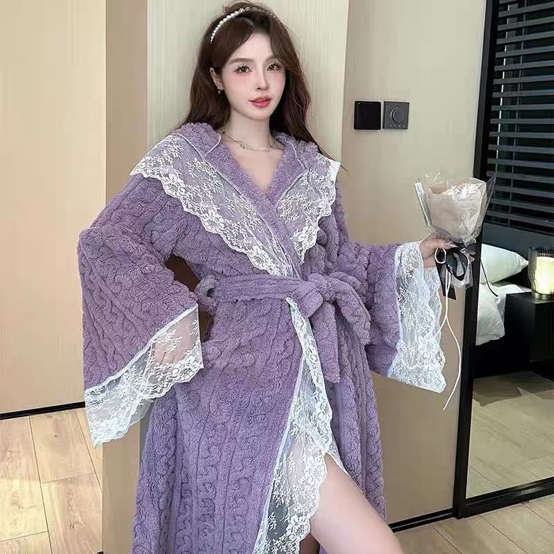 Comfortable Cotton Velvet Lace Nightgown, Autumn and Winter Coral Velvet Long Sexy Lace-Up High-End Bathrobe Nightdress Princess Pajamas Comfortable Cotton Velvet Lace Nightgown, Autumn and Winter Coral Velvet Long Sexy Lace-Up High-End Bathrobe Nightdress Princess Pajamas