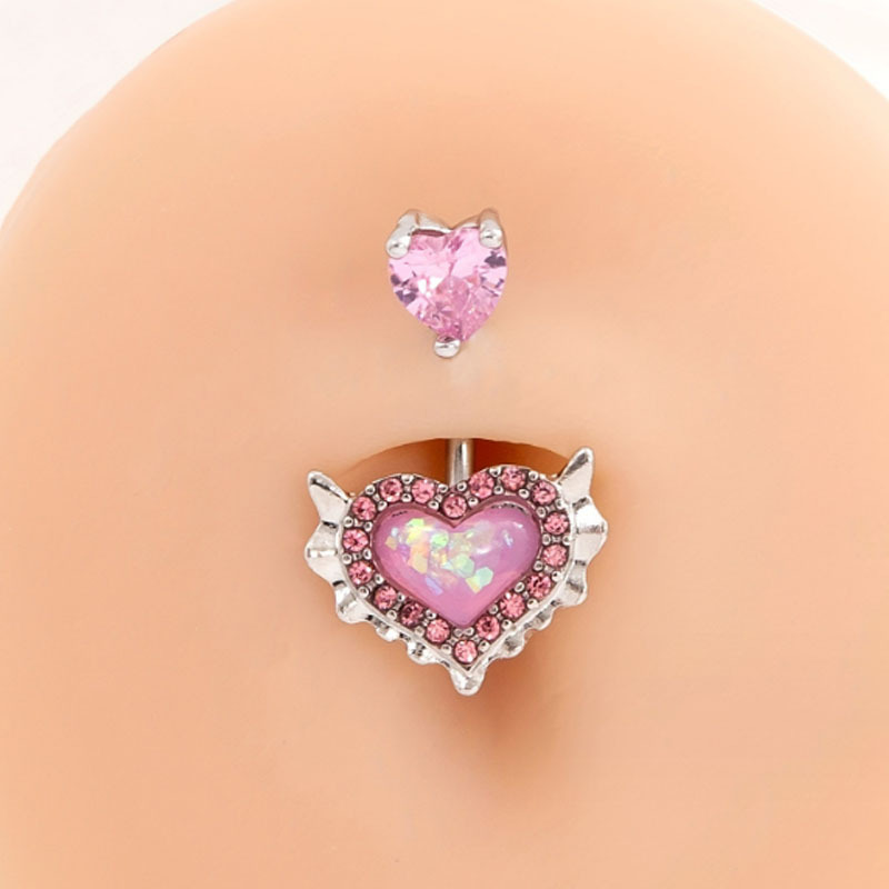 Stainless Steel New Pink Heart-Shaped Opal Belly Button Ring Clip Earrings Nose Stud Body Piercing Jewelry_voghion.com