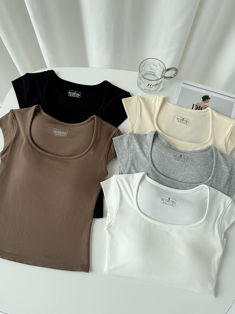 Breathable silk base trend tank top, square neckline, slim fit, with short sleeve
