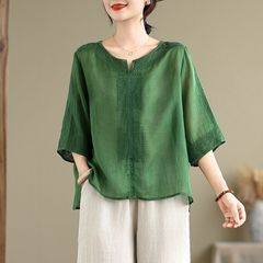 国风棉麻刺绣V领短袖T恤衫女夏季宽松显瘦中袖上衣文艺风大码女装