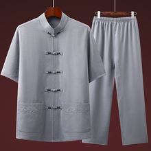唐装短袖中老年男式套装中国风民族风老人开衫宽松太极爷爷装汉服