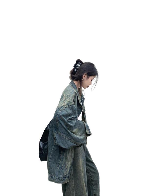 kumikumi设计感做旧翻领牛仔外套女装秋季别致宽松中长款夹克上衣|undefined
