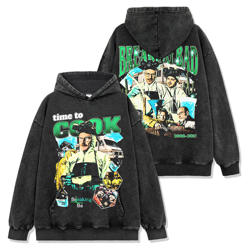 Cross-border American Breaking Bad Printed Washed Short-Sleeve T-shirt Casual Round Neck Hooded Sweatshirt