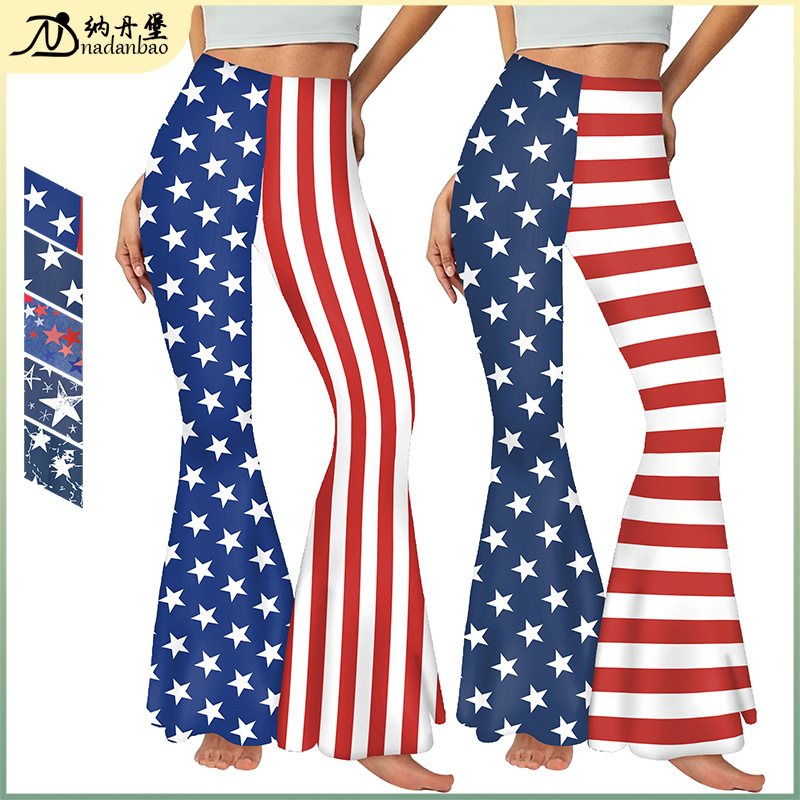Summer European and American Cross-Border Pants for Women, Popular Export Style, Independence Day Bell Bottoms, Stripesd Digital Printing Casual Leggings