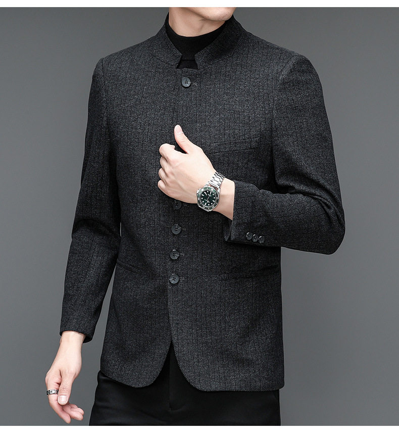 Bộ vest nam cổ đứng dáng ôm co giãn, áo khoác vest công sở tay dài — Màu đen chi tiết 13