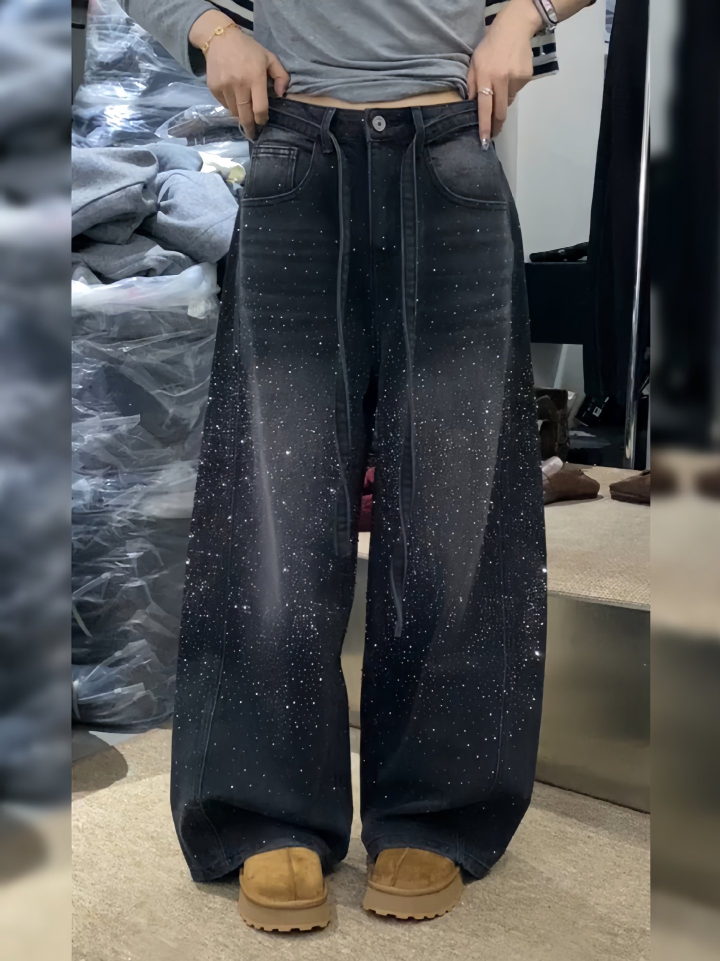 Y2K Rhinestone Embellished Jeans – Vintage High-Waisted Flare Pants For Women (S-3XL, Regular/Fleece Lined)​_ecoleips.com