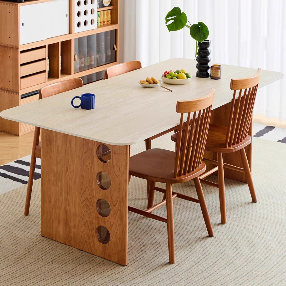 Nordic Mid-Century Style Cave Stone Slate Dining Table Solid Wood Simple Home Small Apartment Designer Retro Log Style Dining Table