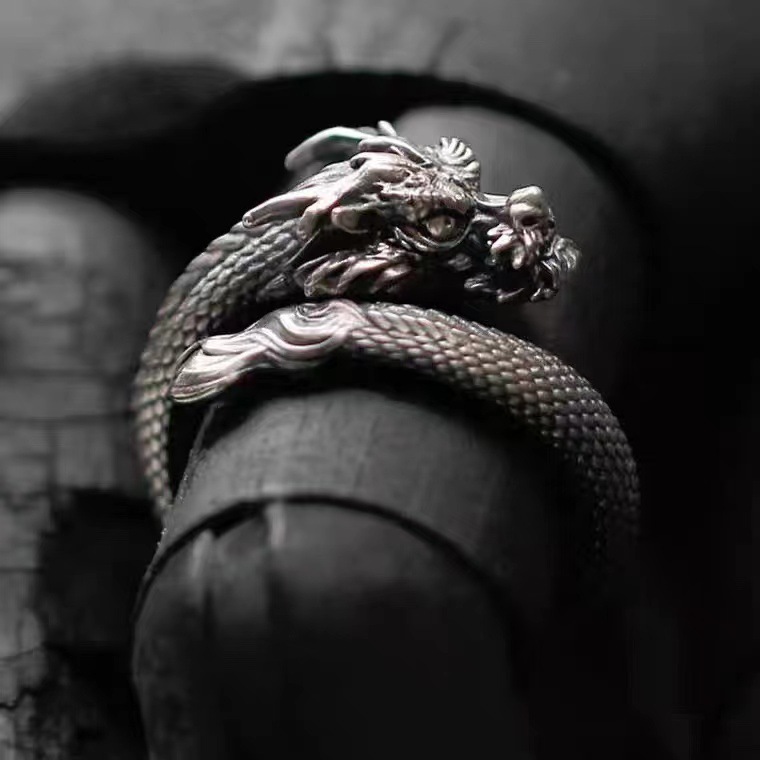 Qianye original design retro dragon ring Thai silver men's niche high-grade national style national fashion adjustable ring