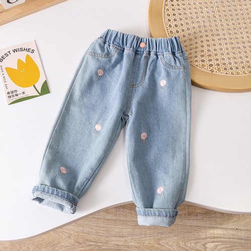  Spring and Autumn New Girls' Denim Straight Leg Korean Style Stylish Pants Loose Casual Pants for Outdoor Wear