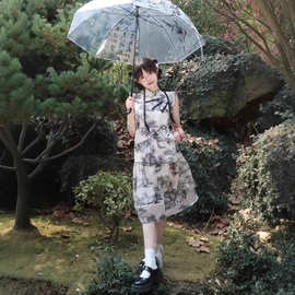 新中式旗袍文艺小清新少女夏季学院风山水画小飞袖轻国风连衣裙仙
