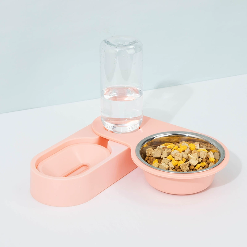 Double Cat Bowl with Automatic Waterer, Anti-Overturn Design, Optional Stainless Steel Insert