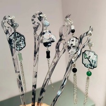新中式水墨画竹叶亚克力发簪新款流苏步摇发钗女汉服盘发簪子头饰