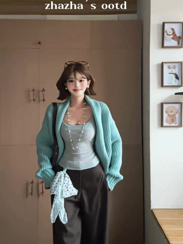 韩系松弛感穿搭蓝色宽松毛衣开衫慵懒风超好看针织衫外套2025秋季|undefined