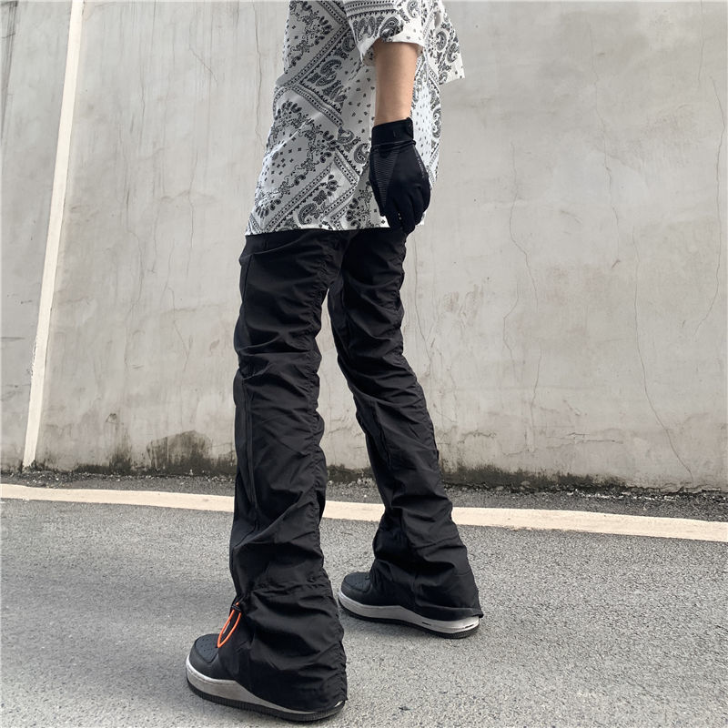 High Street Functional Vibe Style Folded Stacked Micro Horn Long Pants for Men's American Slim Fit Street Instagram Versatile Casual Pants_voghion.com