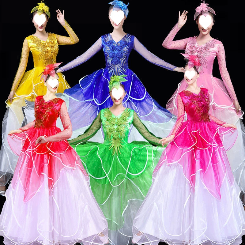 Костюмы для выступлений, большие танцевальные костюмы, национальные костюмы, новинка 2021 года, длинная юбка, современная юбка для хора, открывающая танец, качели