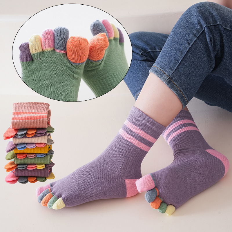 New Children's Five-Toe Socks Mid-Tube Pure Combed Cotton Sports Socks for Large and Small Children Korean Style Colorful Toe Breathable Anti-Odor Toe Socks