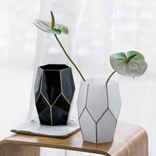 北欧创意几何描金玻璃花瓶高级感透明水培花器餐桌面复古装饰摆件