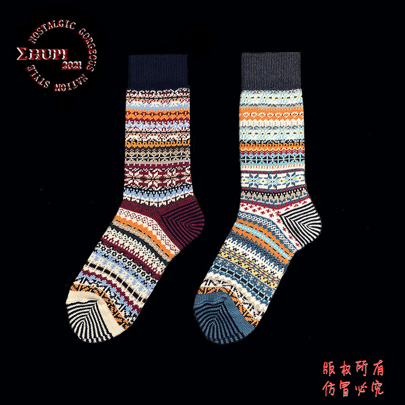Kaji workwear retro stockings Japanese style Amei Red Wing high tube thick line heel color changing ethnic totem fashion socks men and women