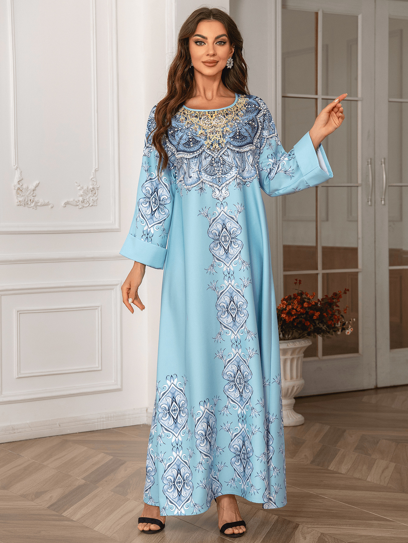 ZD024 Middle Eastern And European Cross-border Foreign Trade Muslim Printed Robe Abaya Beaded Round-neck Dress Gown_ecoleips.com