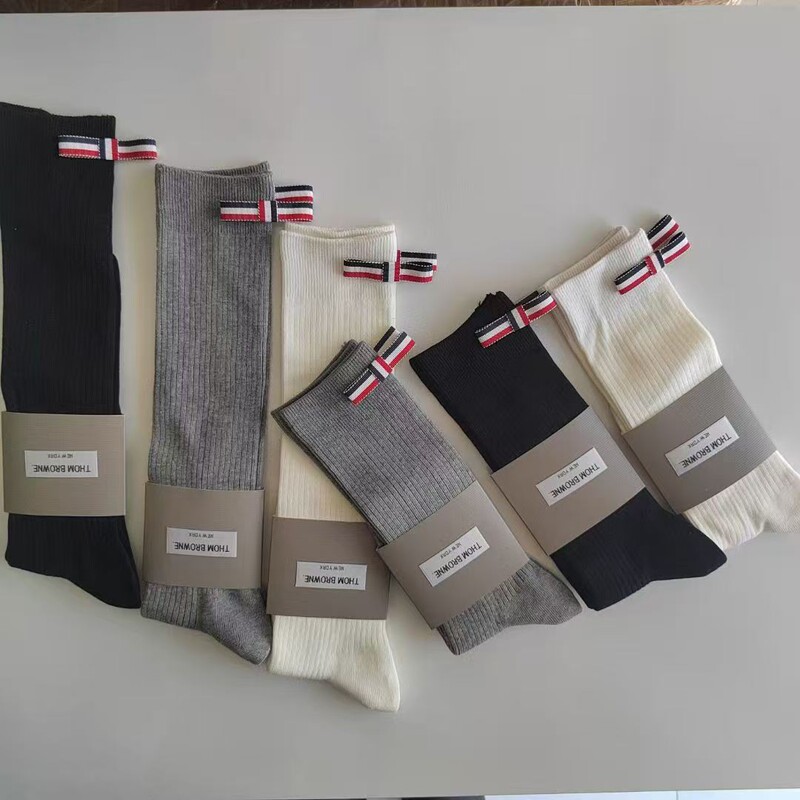 Four Seasons Tb Preppy Style Double-Needle Tom Brown Bow Craft Pure Color Versatile Maillard High Calf Socks