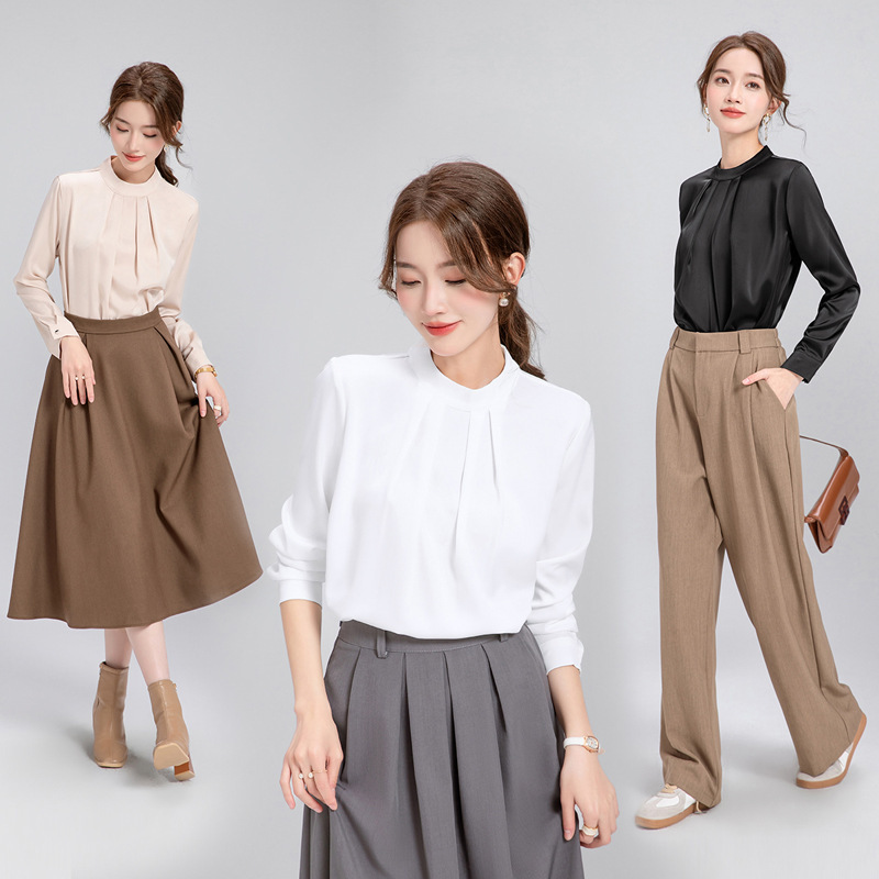 Professional Black Shirt for Women 2026 Spring, Autumn, and Winter New Fashion Stylish and Elegant Round Neck Long-Sleeve Blouse