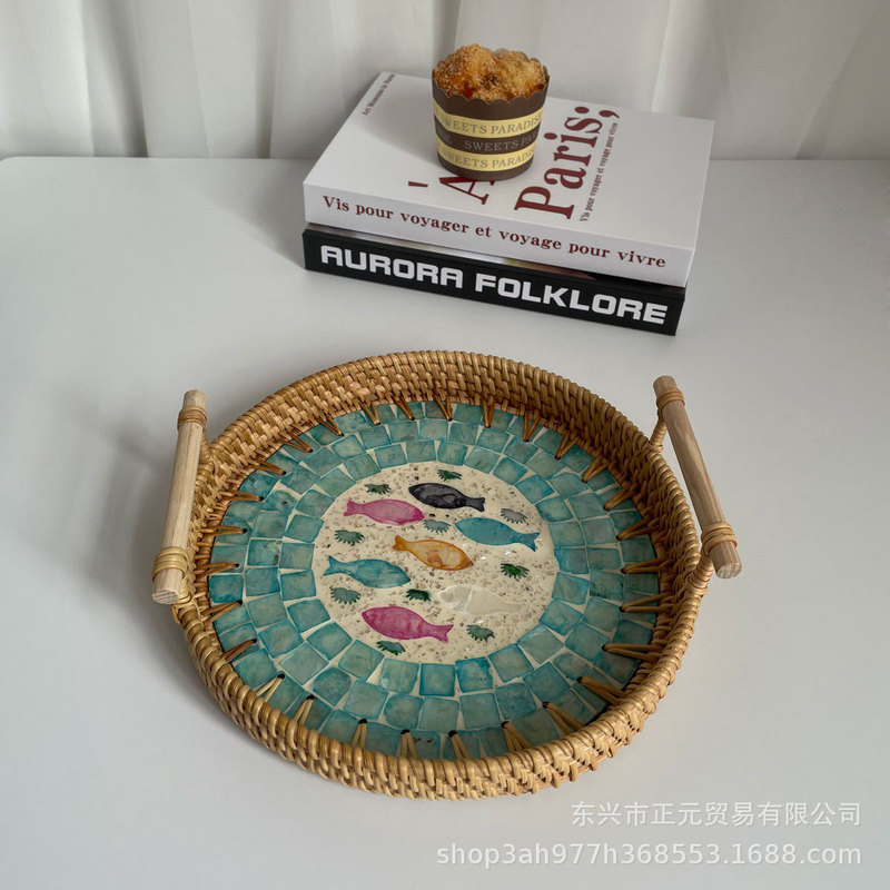 ベトナム籐編み貝殻トレー彩貝編みスナック収納バスケットお菓子スナックトレーフルーツパン茶皿|undefined
