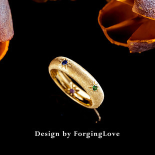 Pure 18K Gold Contract Ring for Women Niche Brushed Craft Color Sapphire Inlaid Retro Fashion Jewelry 31247