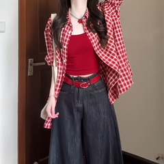 早秋季韩系红色格子防晒长袖衬衫衬衣女2025新款多巴胺绝美上衣