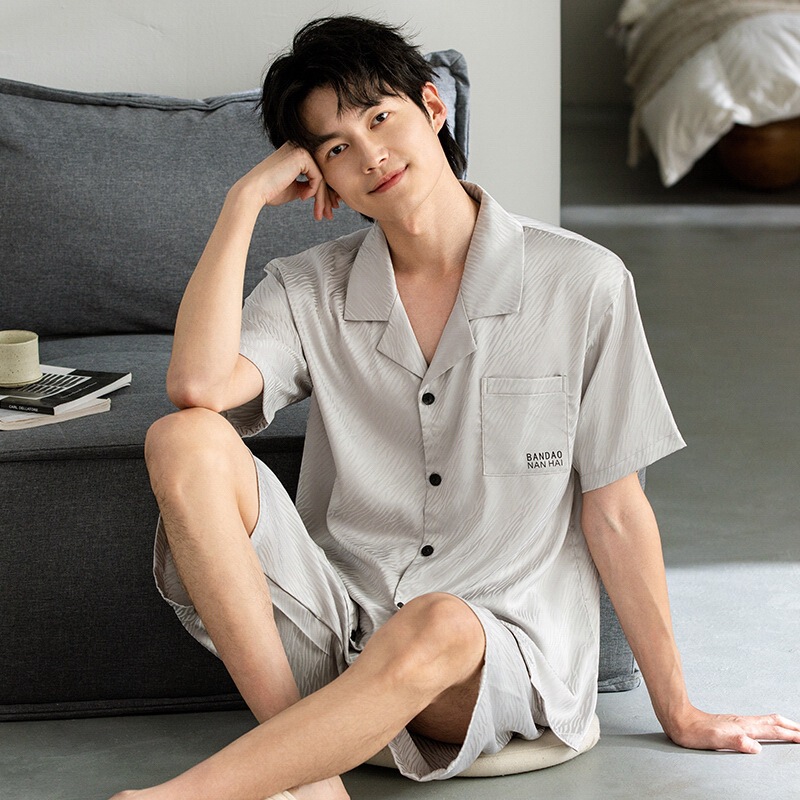 In-Stock Cross-Border E-Commerce Ice Silk Jacquard Pajamas Trendy Summer Short-Sleeve Shorts Cardigan Live Men's Loungewear