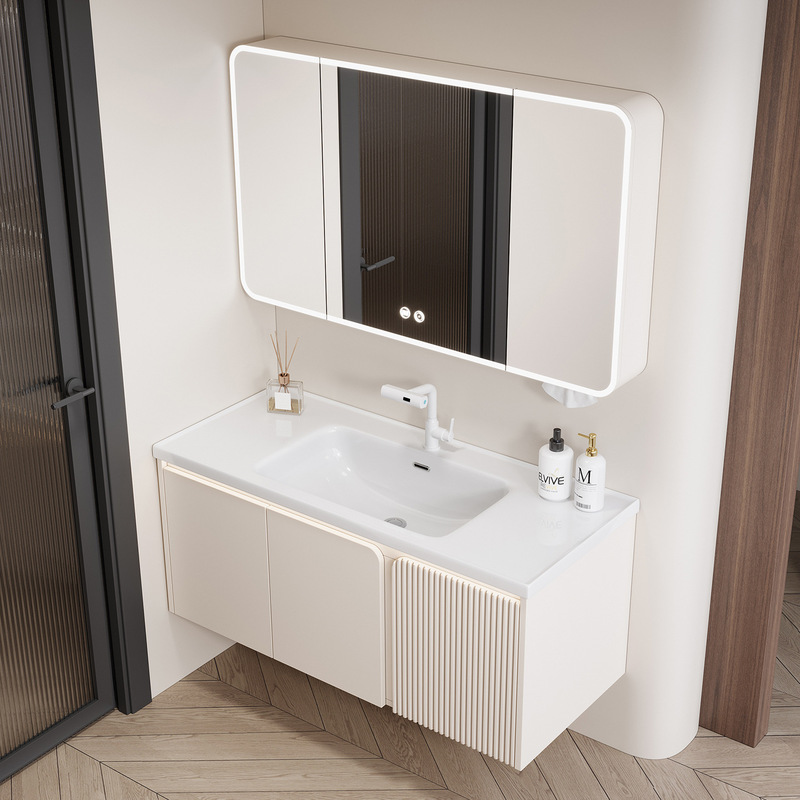 Honeycomb Aluminum Bathroom Cabinet with Double Doors, Storage Mirror Cabinet, Integrated Ceramic Basin, Cream-Style Washbasin Vanity