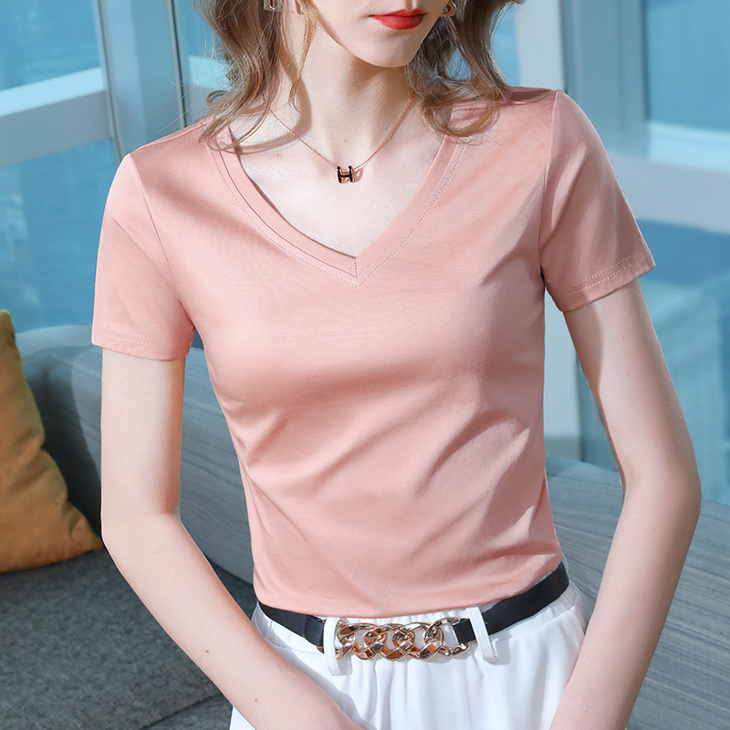 핑크 브이넥 반소매
