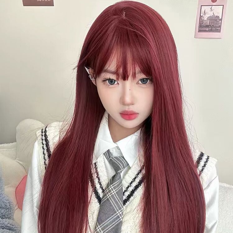 New Full Head Wig for Women, Long Straight Hair, Burgundy Natural Air Bangs, Internet Celebrity Retail Hot-Selling Wig
