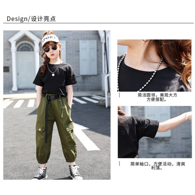 High Waist Cargo Pants for Kids Girls Pure Color Cool Trousers Pocket Loose  Cotton Sport Running Pants For Teens Girl 5-14 Years