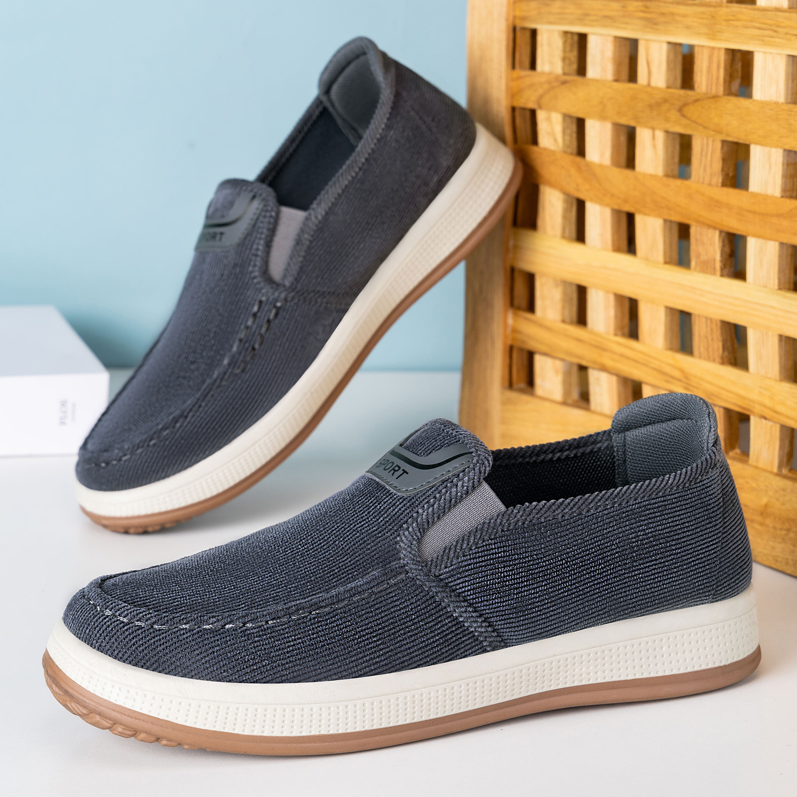 鞋子男鞋新款休闲鞋一脚蹬轻便浅口舒适板鞋条纹软底爸爸单鞋代发