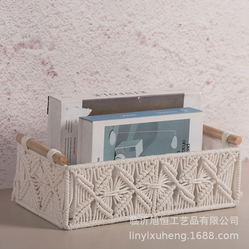 Caja de almacenamiento de cuerda de algodón tejida a mano Caja de almacenamiento de bohemia Cesta de almacenamiento de bocadillos de escritorio Caja de almacenamiento de cosméticos