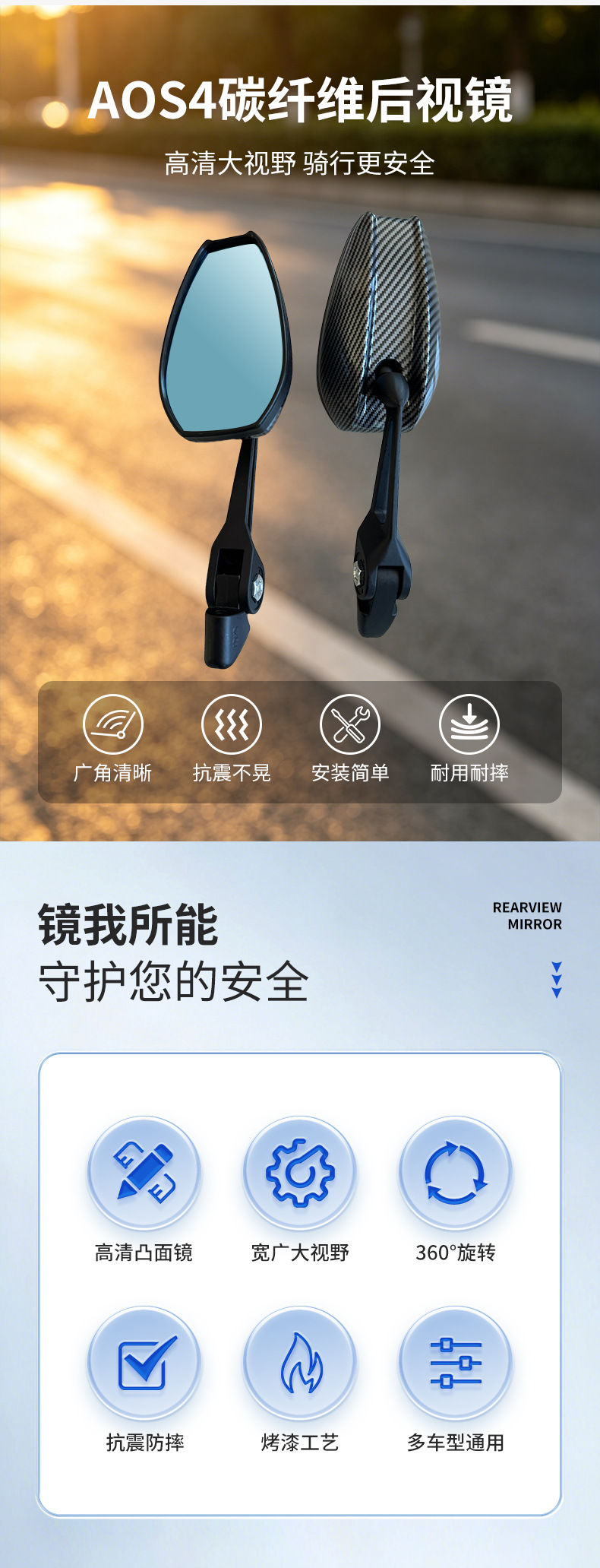 Carbon Fiber Water Transfer Printing Aos4 Electric Vehicle Rearview Mirror Blue Light Modified Motorcycle High-Definition Reflector