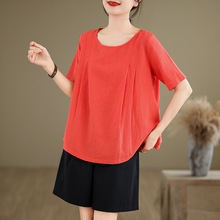 实拍文艺复古棉麻短袖女宽松休闲圆领上衣夏季纯色百搭亚麻T恤衫