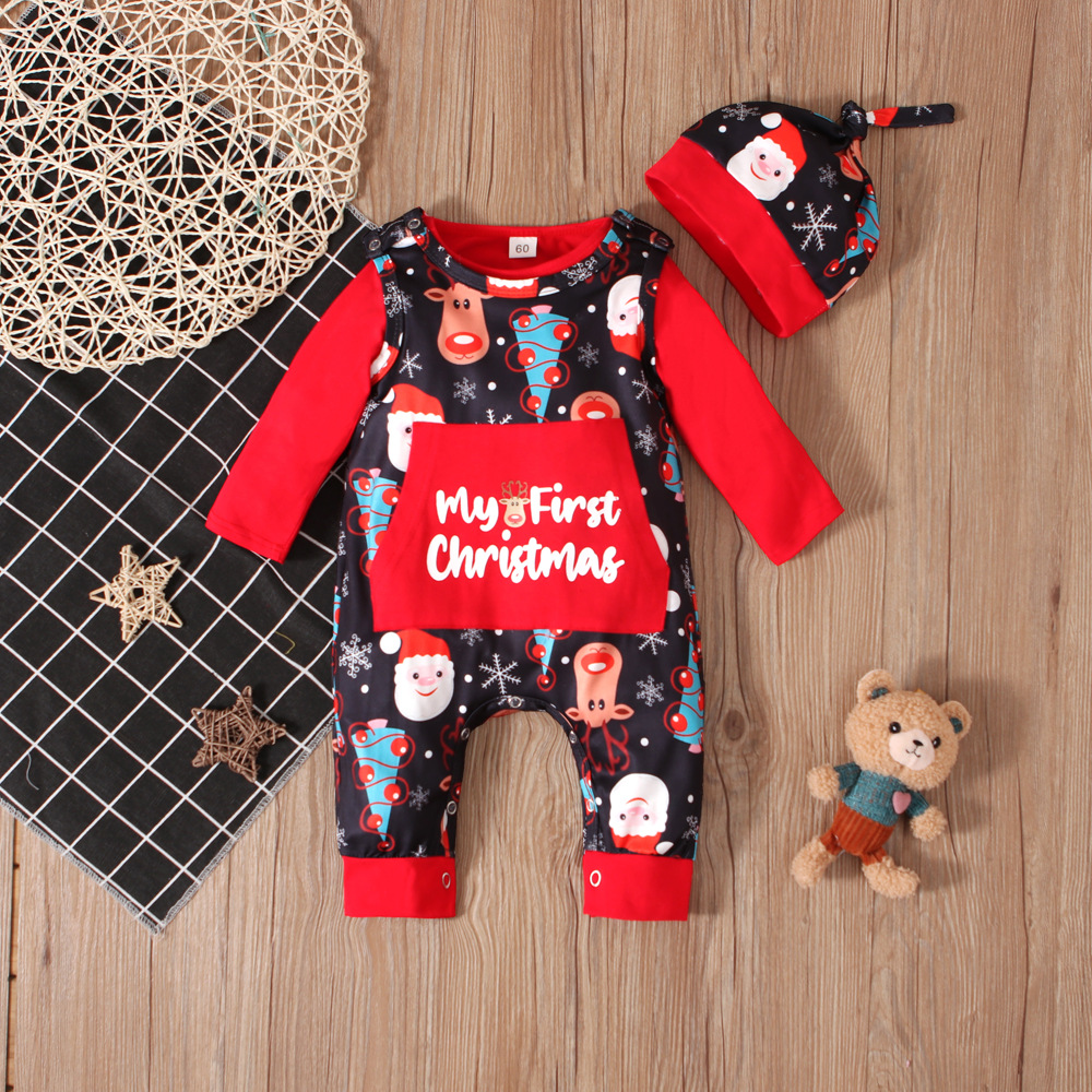 Natale Bambini primavera e autunno Natale vestito bretelle + tuta triangolare da arrampicata + cappello tre pezzi abbigliamento per bambini ins_voghion.com