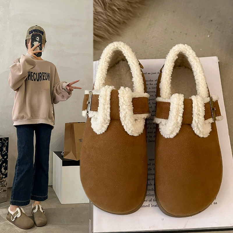 Ленивые одношаговые теплые хлопчатобумажные туфли 2023 осенне-зимние новые домашние туфли Мао на толстой подошве женские туфли с фасолью на флисовой подкладке