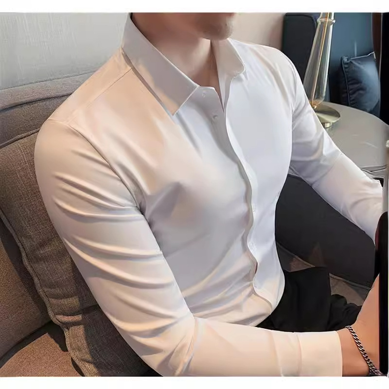 Camisa de seda elástica transfronteriza para hombres de manga larga nuevo color sólido overoles profesionales de negocios trabajan sin planchar camisa