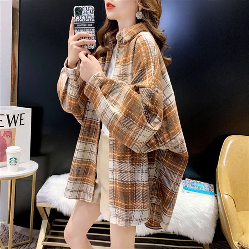 Cross-Border Plaid Shirt for Women, Autumn and Winter New Style, Fleece-Lined, Retro Outerwear, 2026 New European Style Long-Sleeve Shirt for Women, Trendy
